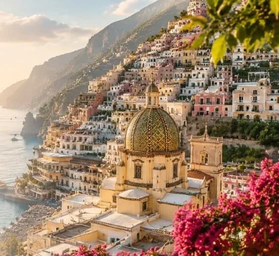 Vista de Positano, en la costa amalfitana, con la cúpula de la iglesia de Santa Maria Assunta