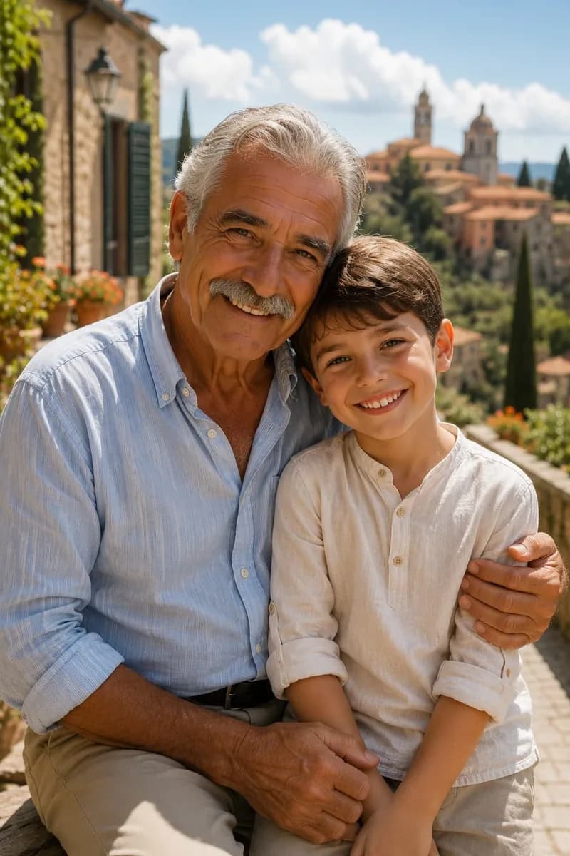 Un abuelo abraza a su nieto con un pueblo italiano de fondo