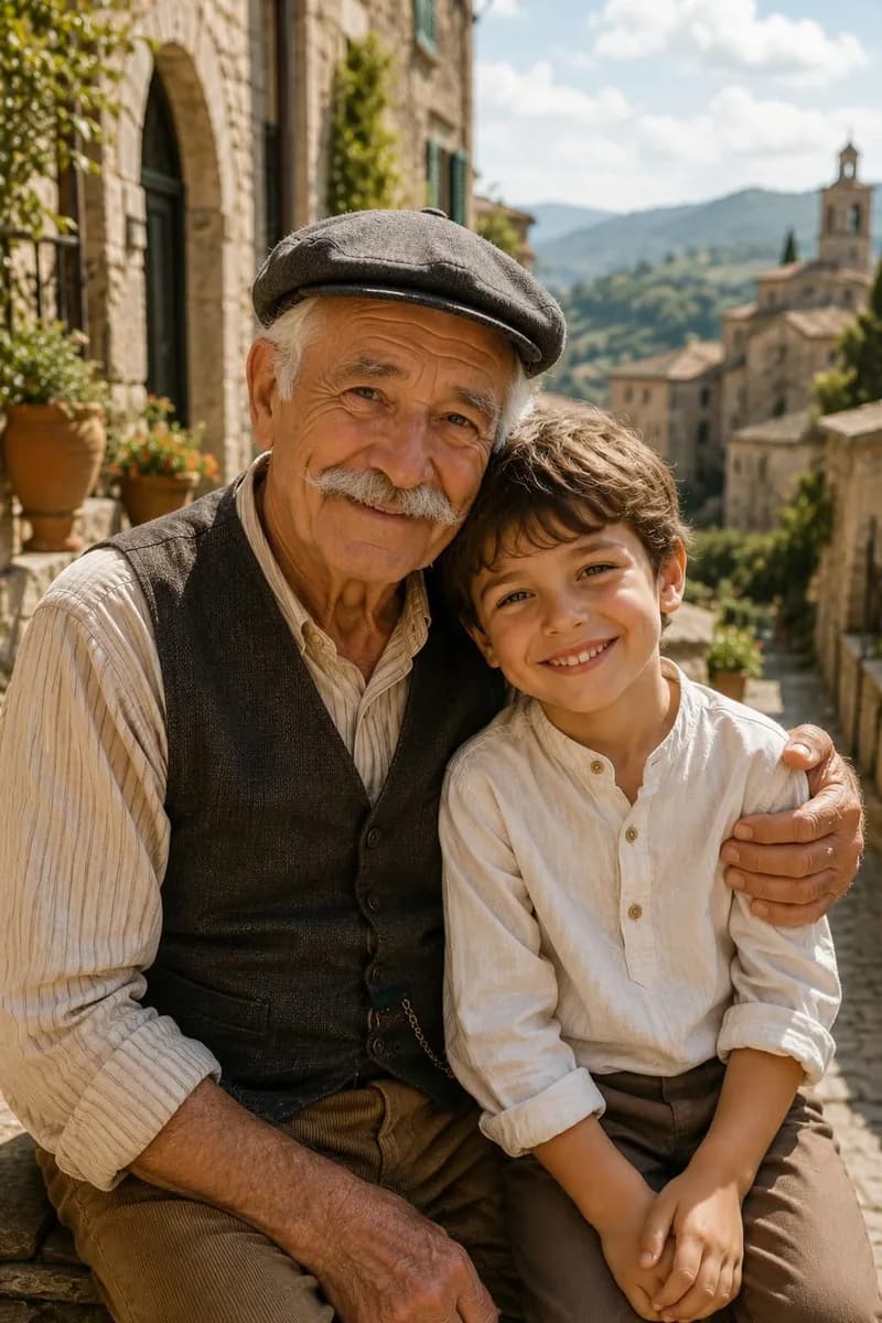 Un bisabuelo con boina junto a su bisnieto en un pueblo de piedra