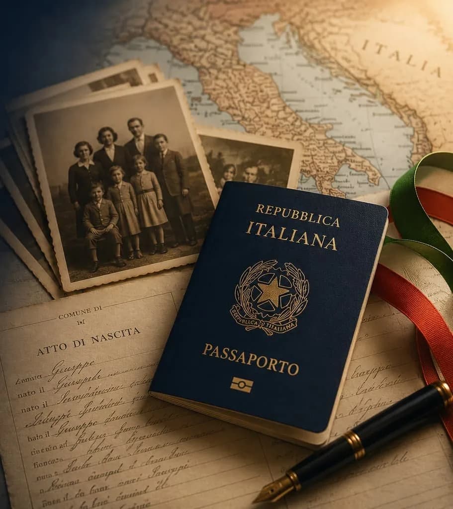 Pasaporte italiano junto a fotografías familiares antiguas, un acta de nacimiento y un mapa de Italia